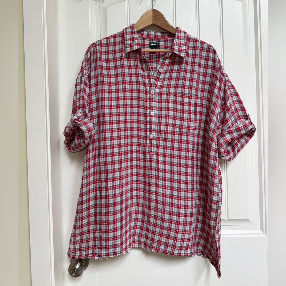 Roots 100% Linen Red, Blue, White Check Half Button Adjustable Sleeve Shirt. L